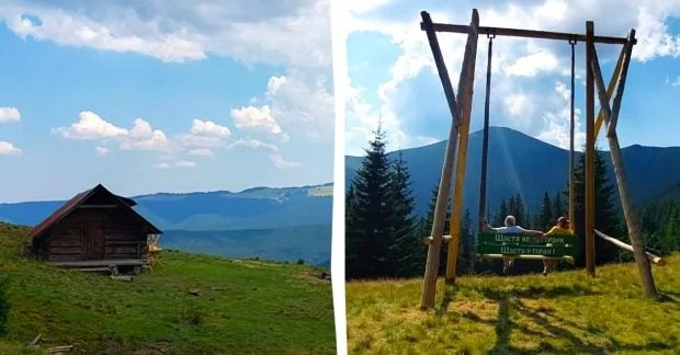 Дерев’яна хатина вівчарів на полонині та панорамна гойдалка з людьми на тлі Карпат